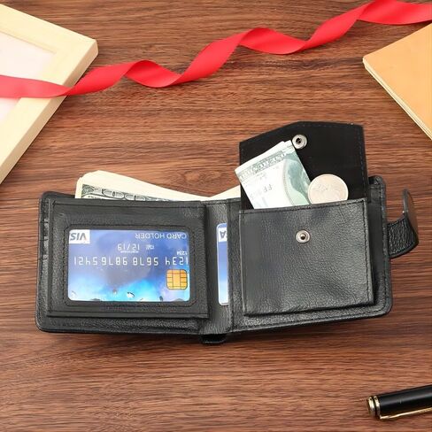 محفظة للرجال أنماط bifold قم بربط مع زر حزام الجلد بوكيل أكبر فتحات بطاقات متعددة مع حزمة العملات/بطاقة الصور المحفظة سحاب مع نافذة معرف (أسود) in Kuwait