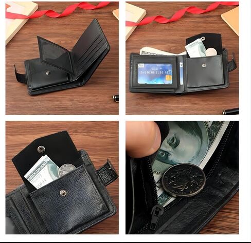 محفظة للرجال أنماط bifold قم بربط مع زر حزام الجلد بوكيل أكبر فتحات بطاقات متعددة مع حزمة العملات/بطاقة الصور المحفظة سحاب مع نافذة معرف (أسود) in Kuwait