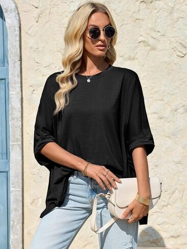 Tankaneo Womens Oversized Tshirts Batwing Short Sleeve Asymmetric Hem Tops Summer Casual Loose Fit Tunic Tee Shirts in Saudi Arabia