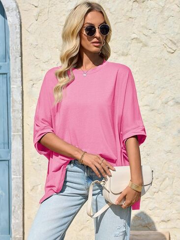Tankaneo Womens Oversized Tshirts Batwing Short Sleeve Asymmetric Hem Tops Summer Casual Loose Fit Tunic Tee Shirts in Saudi Arabia