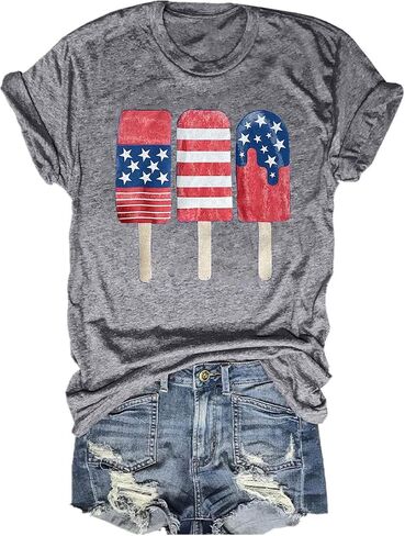 Woffccrd Womens American Flag Popsicle Tops Tops 4th of July Functic Graphic Tees in Kuwait