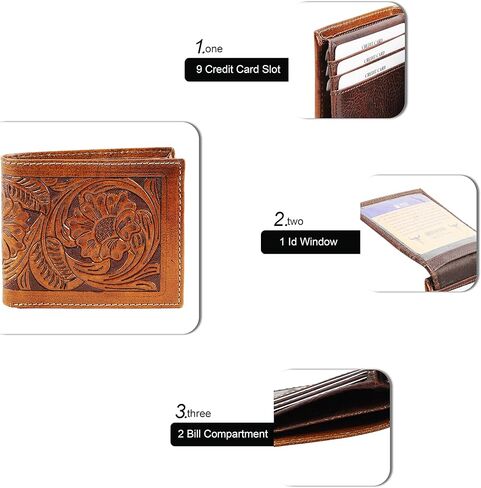 American Bison RFID Wallet for Men – Hand-Tooled Floral Cowhide Leather Bifold Wallet with Gift Box (Dark Brown) in Kuwait