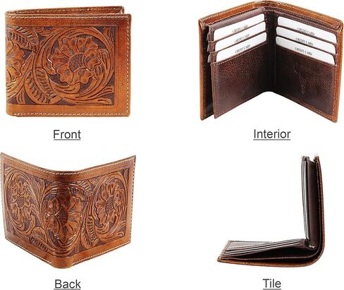 American Bison RFID Wallet for Men – Hand-Tooled Floral Cowhide Leather Bifold Wallet with Gift Box (Dark Brown) in Kuwait