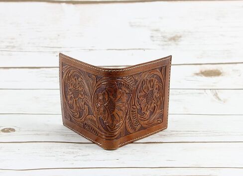 American Bison RFID Wallet for Men – Hand-Tooled Floral Cowhide Leather Bifold Wallet with Gift Box (Dark Brown) in Kuwait