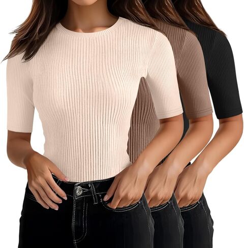 RIYIPER 3 PACK TOPS نصف الأكمام للسيدات ، بطول الكوع القطن مضلع T Shirt Crew Neck Tee Slim Fit Blouses in Kuwait
