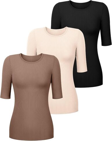 RIYIPER 3 PACK TOPS نصف الأكمام للسيدات ، بطول الكوع القطن مضلع T Shirt Crew Neck Tee Slim Fit Blouses in Kuwait