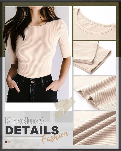 RIYIPER 3 PACK TOPS نصف الأكمام للسيدات ، بطول الكوع القطن مضلع T Shirt Crew Neck Tee Slim Fit Blouses in Kuwait