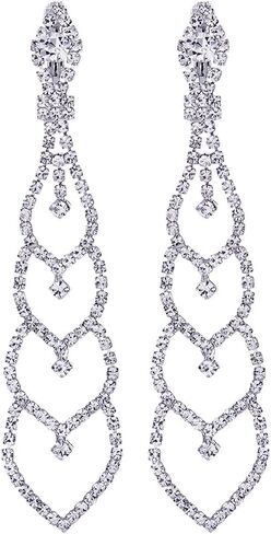 Bridal Wedding Bridesmaids Prom Rhinestone Layer Hearts Chandelier Long Dangle Drop Clip-on Earrings in Saudi Arabia