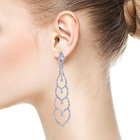 Bridal Wedding Bridesmaids Prom Rhinestone Layer Hearts Chandelier Long Dangle Drop Clip-on Earrings in Saudi Arabia