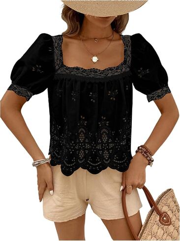 SweatyRocks Women's Square Neck Puff Sleeve Eyelet Lace Hollow Out Embroidered Top Blouse in Saudi Arabia
