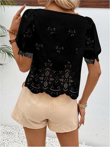 SweatyRocks Women's Square Neck Puff Sleeve Eyelet Lace Hollow Out Embroidered Top Blouse in Saudi Arabia