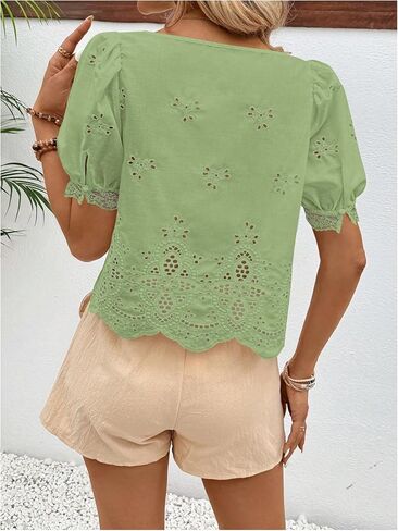 SweatyRocks Women's Square Neck Puff Sleeve Eyelet Lace Hollow Out Embroidered Top Blouse in Saudi Arabia