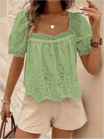 SweatyRocks Women's Square Neck Puff Sleeve Eyelet Lace Hollow Out Embroidered Top Blouse in Saudi Arabia