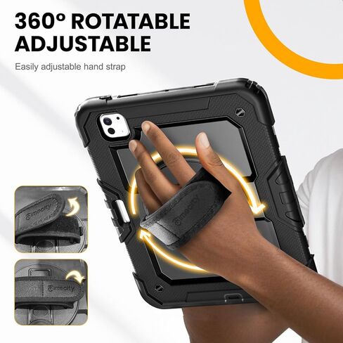 حافظة Timecity لجهاز iPad Pro 11 بوصة M4 2024 الجيل الخامس (الموديل: A2836، A2837، A3006) مع واقي شاشة مدمج، حامل دوار 360 درجة، حزام كتف قابل للتعديل، فتحات، حامل أقلام، أسود in Kuwait