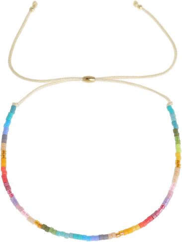 Boho Colorful Seed Beaded Braided Stackable Bracelets for Women, Dainty Handmade Gold Beads Adjustable Beige String Rope Slider Bracelet Friendship Holiday Jewelry Gift in Saudi Arabia