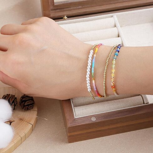 Boho Colorful Seed Beaded Braided Stackable Bracelets for Women, Dainty Handmade Gold Beads Adjustable Beige String Rope Slider Bracelet Friendship Holiday Jewelry Gift in Saudi Arabia