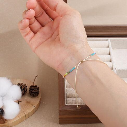 Boho Colorful Seed Beaded Braided Stackable Bracelets for Women, Dainty Handmade Gold Beads Adjustable Beige String Rope Slider Bracelet Friendship Holiday Jewelry Gift in Saudi Arabia