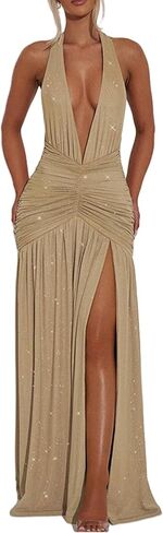 Women's Sexy Sparkly Halter Deep V Neck Dress High Split Backless Cocktail Party Dresses Evening Gown in Saudi Arabia