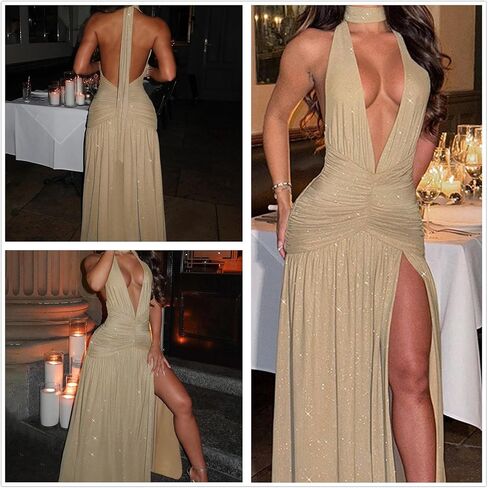 Women's Sexy Sparkly Halter Deep V Neck Dress High Split Backless Cocktail Party Dresses Evening Gown in Saudi Arabia