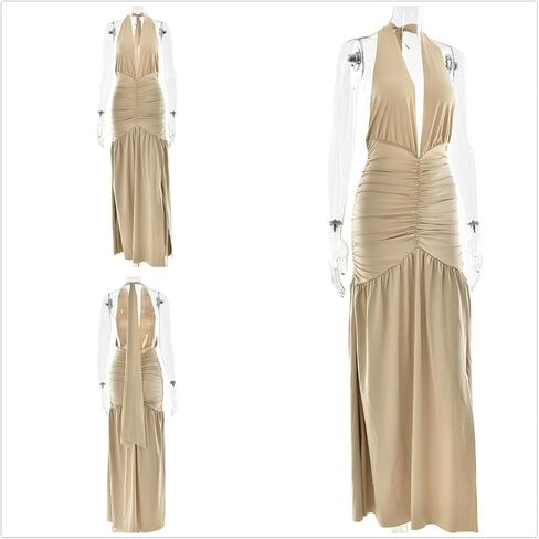 Women's Sexy Sparkly Halter Deep V Neck Dress High Split Backless Cocktail Party Dresses Evening Gown in Saudi Arabia