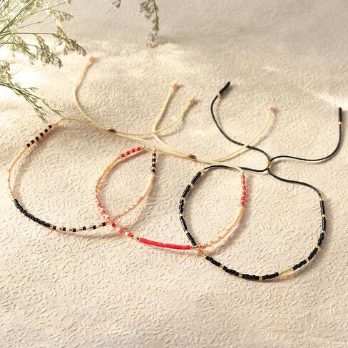 Boho Colorful Seed Beaded Braided Stackable Bracelets for Women, Dainty Handmade Gold Beads Adjustable Beige String Rope Slider Bracelet Friendship Holiday Jewelry Gift in Saudi Arabia