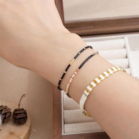 Boho Colorful Seed Beaded Braided Stackable Bracelets for Women, Dainty Handmade Gold Beads Adjustable Beige String Rope Slider Bracelet Friendship Holiday Jewelry Gift in Saudi Arabia