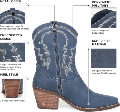 Cowboy Boot for Women,Western Embroidered Cowgirl Booties with Pointed Toe Side Chunky Heel Zipper Women Ankle Booties in Saudi Arabia
