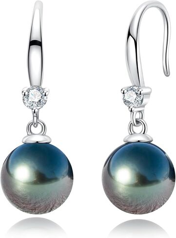 8-12MM Tahitian Black Pearl with Moissanite Hook Earrings, AAA Handselected Nature Black Pearls, D Color Moissanite Diamond, 18K White Gold Plated Sterling Silver Earrings in Kuwait