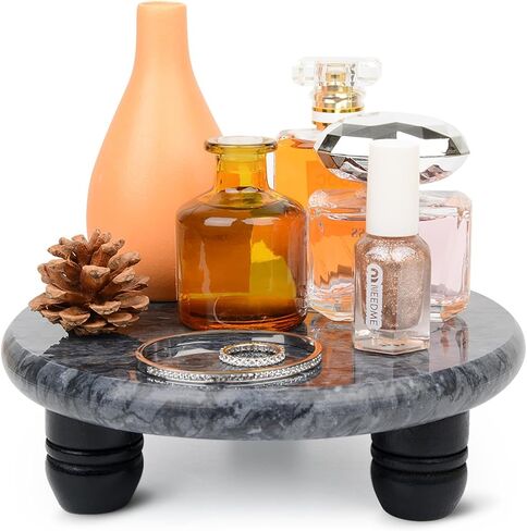 Decorative Round Marble Riser for Display,Marble Pedestal Tray for Home,Kitchen and Bathroom Countertop Organizer Counter Decor Tray.The Decorative Tray Non-slip,Stable（Black Gray） in Saudi Arabia