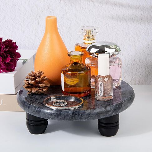 Decorative Round Marble Riser for Display,Marble Pedestal Tray for Home,Kitchen and Bathroom Countertop Organizer Counter Decor Tray.The Decorative Tray Non-slip,Stable（Black Gray） in Saudi Arabia