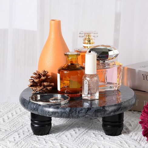 Decorative Round Marble Riser for Display,Marble Pedestal Tray for Home,Kitchen and Bathroom Countertop Organizer Counter Decor Tray.The Decorative Tray Non-slip,Stable（Black Gray） in Saudi Arabia