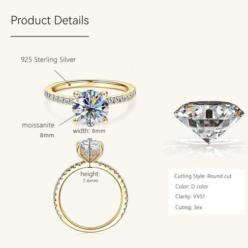 D VVS1 خاتم الخطوبة Moissanite 2 قيراط ، حلقات وعد Solitaire مستديرة لها ، 925 Sterling Silver Moissanite Rings للنساء in Kuwait