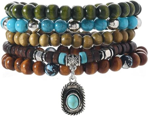 Beaded Bracelet Women Men Stacked Stretch Wristband Wooden Bead Bracelet Bohemian Layered butterfly Bracelet Summer Beach Planet Lava Gemstone Relief Anxiety Jewelry 5 Pieces in Saudi Arabia