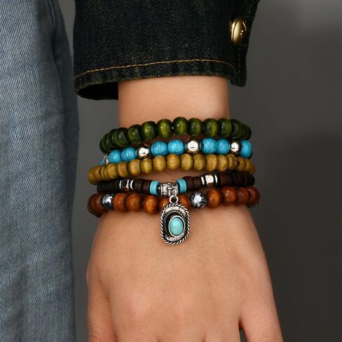 Beaded Bracelet Women Men Stacked Stretch Wristband Wooden Bead Bracelet Bohemian Layered butterfly Bracelet Summer Beach Planet Lava Gemstone Relief Anxiety Jewelry 5 Pieces in Saudi Arabia