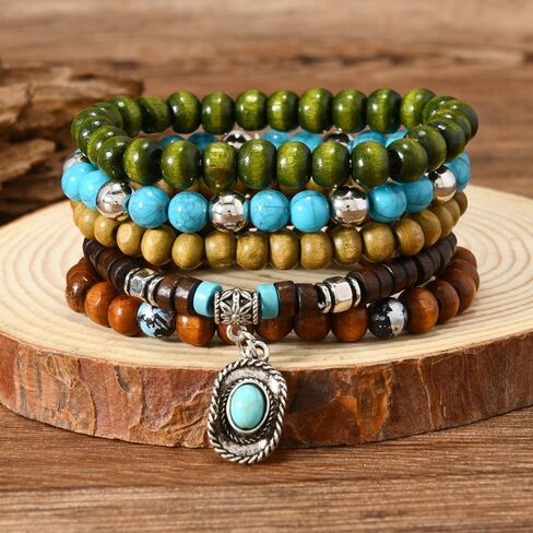 Beaded Bracelet Women Men Stacked Stretch Wristband Wooden Bead Bracelet Bohemian Layered butterfly Bracelet Summer Beach Planet Lava Gemstone Relief Anxiety Jewelry 5 Pieces in Saudi Arabia