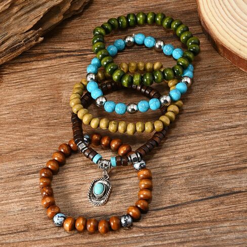 Beaded Bracelet Women Men Stacked Stretch Wristband Wooden Bead Bracelet Bohemian Layered butterfly Bracelet Summer Beach Planet Lava Gemstone Relief Anxiety Jewelry 5 Pieces in Saudi Arabia