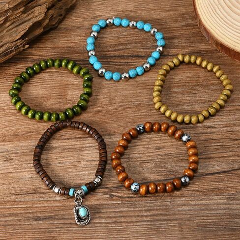 Beaded Bracelet Women Men Stacked Stretch Wristband Wooden Bead Bracelet Bohemian Layered butterfly Bracelet Summer Beach Planet Lava Gemstone Relief Anxiety Jewelry 5 Pieces in Saudi Arabia