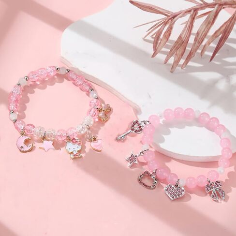 Kawaii Kitty Bracelets Set Elastic Crystal Bead Bracelets Elastic Kawaii Charm Bracelets Birthday Christmas Jewelry Gifts for Women Girlfriend Best Friend Sister in Saudi Arabia