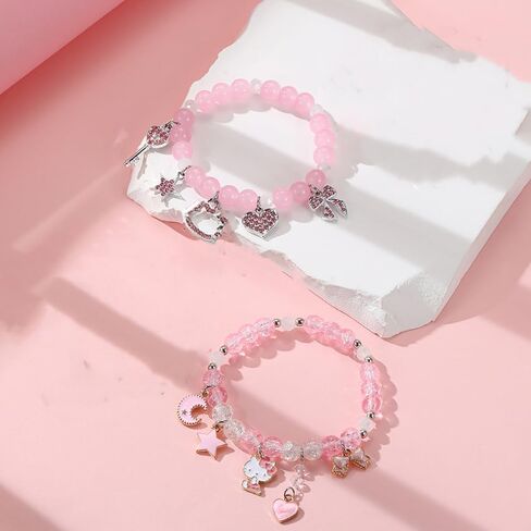 Kawaii Kitty Bracelets Set Elastic Crystal Bead Bracelets Elastic Kawaii Charm Bracelets Birthday Christmas Jewelry Gifts for Women Girlfriend Best Friend Sister in Saudi Arabia