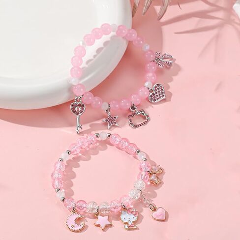 Kawaii Kitty Bracelets Set Elastic Crystal Bead Bracelets Elastic Kawaii Charm Bracelets Birthday Christmas Jewelry Gifts for Women Girlfriend Best Friend Sister in Saudi Arabia