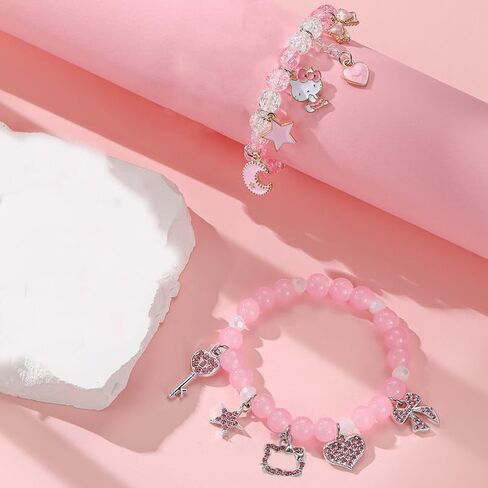 Kawaii Kitty Bracelets Set Elastic Crystal Bead Bracelets Elastic Kawaii Charm Bracelets Birthday Christmas Jewelry Gifts for Women Girlfriend Best Friend Sister in Saudi Arabia