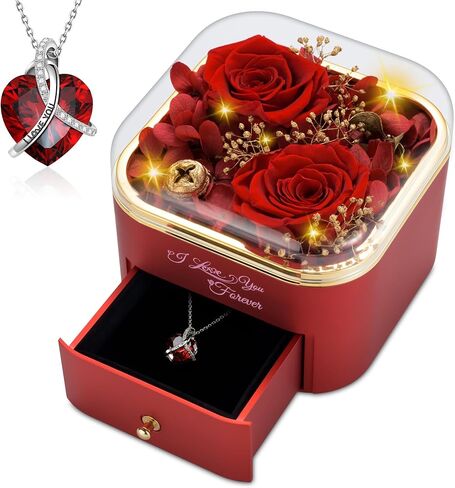 Mothers Day Rose Gifts for Mom, Preserved Red Real Rose with I Love You Heart Necklace, Birthday Gifts for Women, Girlfriend, Wife, Grandma(Red) in Saudi Arabia
