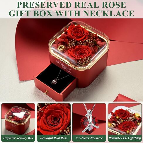 Mothers Day Rose Gifts for Mom, Preserved Red Real Rose with I Love You Heart Necklace, Birthday Gifts for Women, Girlfriend, Wife, Grandma(Red) in Saudi Arabia