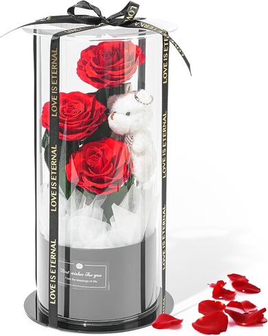 Flowers Forever Roses in A Box, 3 Real Roses with Stems and Bear, Eternal Rose Gifts for Her,Birthday Gifts for Women, Mom,Girlfriend,Grandma,Daughter,Pink in Kuwait