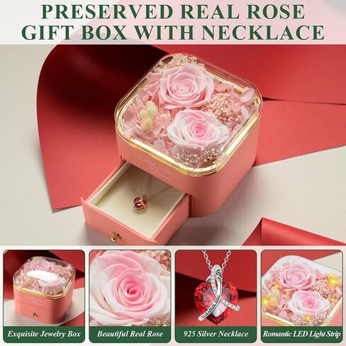 Mothers Day Rose Gifts for Mom, Preserved Red Real Rose with I Love You Heart Necklace, Birthday Gifts for Women, Girlfriend, Wife, Grandma(Red) in Kuwait