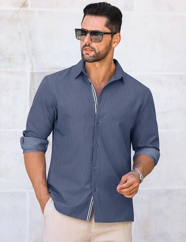 Letsee mens زر غير رسمي لأسفل قميص غير محظور طويل الأكمام الدنيم قميص قميص فستان خالٍ من التجاعيد in Kuwait