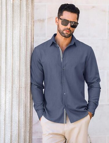 Letsee mens زر غير رسمي لأسفل قميص غير محظور طويل الأكمام الدنيم قميص قميص فستان خالٍ من التجاعيد in Kuwait