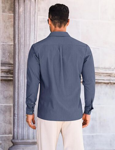 Letsee mens زر غير رسمي لأسفل قميص غير محظور طويل الأكمام الدنيم قميص قميص فستان خالٍ من التجاعيد in Kuwait