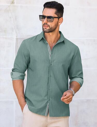 Letsee mens زر غير رسمي لأسفل قميص غير محظور طويل الأكمام الدنيم قميص قميص فستان خالٍ من التجاعيد in Kuwait