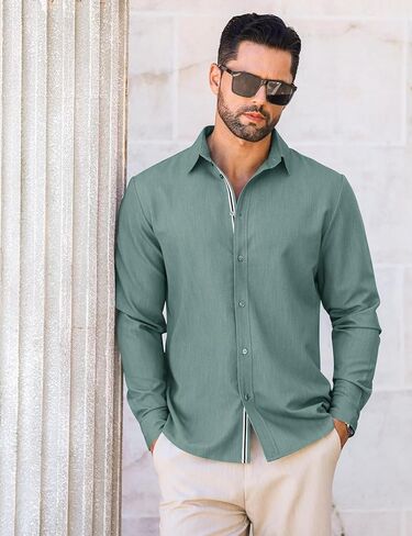 Letsee mens زر غير رسمي لأسفل قميص غير محظور طويل الأكمام الدنيم قميص قميص فستان خالٍ من التجاعيد in Kuwait